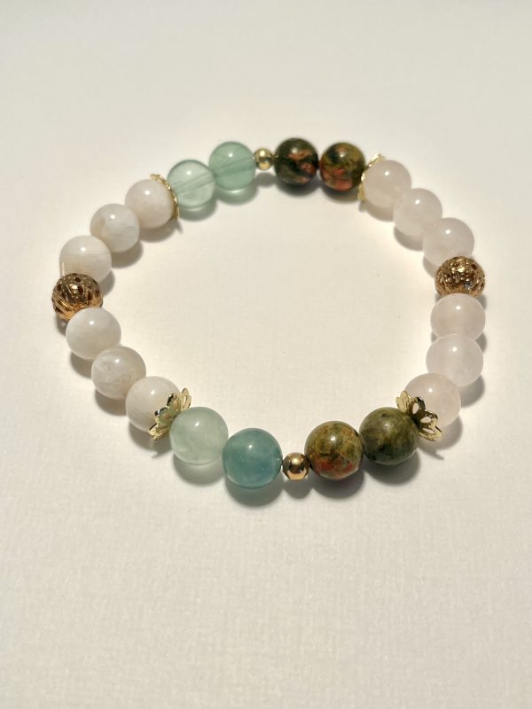 Moonstone, Unakite, Rose Quartz, and Fluorite Bracelet.