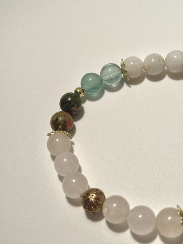 Moonstone, Unakite, Rose Quartz, and Fluorite Bracelet. Zoomed In.