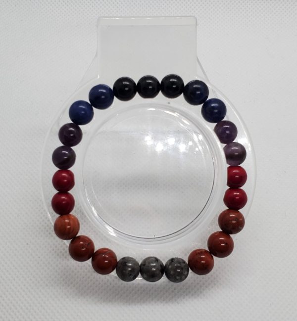 Amethyst, Yooperlite, Mookaite Jasper, Red Jasper, Blue Agate, and Onyx Bracelet.