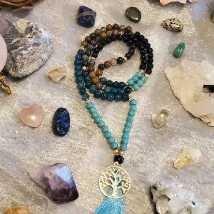 Apatite, Turquoise, Indian Agate, Blue Sandstone, and Kyanite Mala.