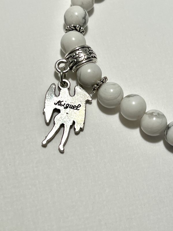 White Howlite bracelet with Archangel Michael charm. Zoomed In.