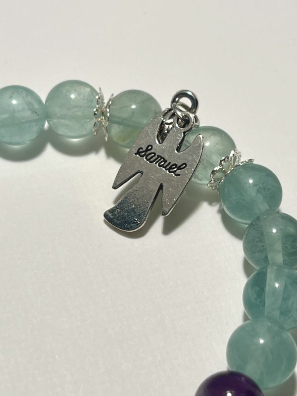 Green Fluorite bracelet with Archangel Chamuel charm. Zoomed In.