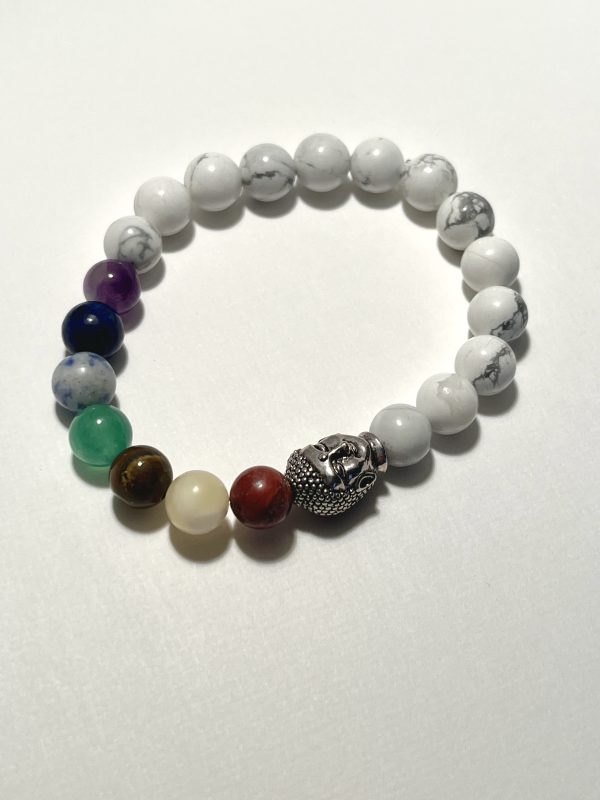 Chakra bracelet with buddha charm and White Howlite, Amethyst, Lapis Lazuli, Blue Dot Jasper, Aventurine, Tigers Eye, Yellow Jade, and Red Jasper.