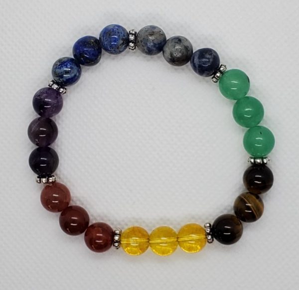 Amethyst, Lapis Lazuli, Blue Dot Jasper, Green Aventurine, Yellow Jasper, Yellow Jade, and Red Agate Bracelet. With Silver Spacers.