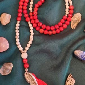 Red Jasper and Howlite. Hand knotted Mala.