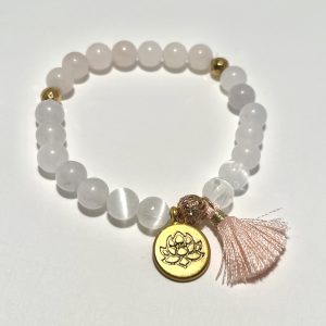 Rose Quartz, Blue Aquamarine, and Selenite Bracelet with tassel and charm.