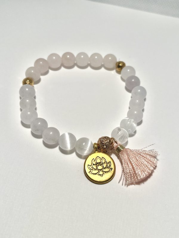 Rose Quartz, Blue Aquamarine, and Selenite Bracelet with tassel and charm.