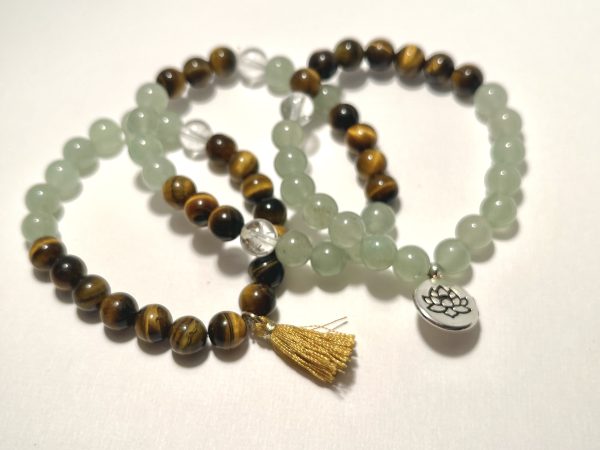 Aventurine and Tiger's Eye Triple Stack Bracelets with charm and tassel. Together.