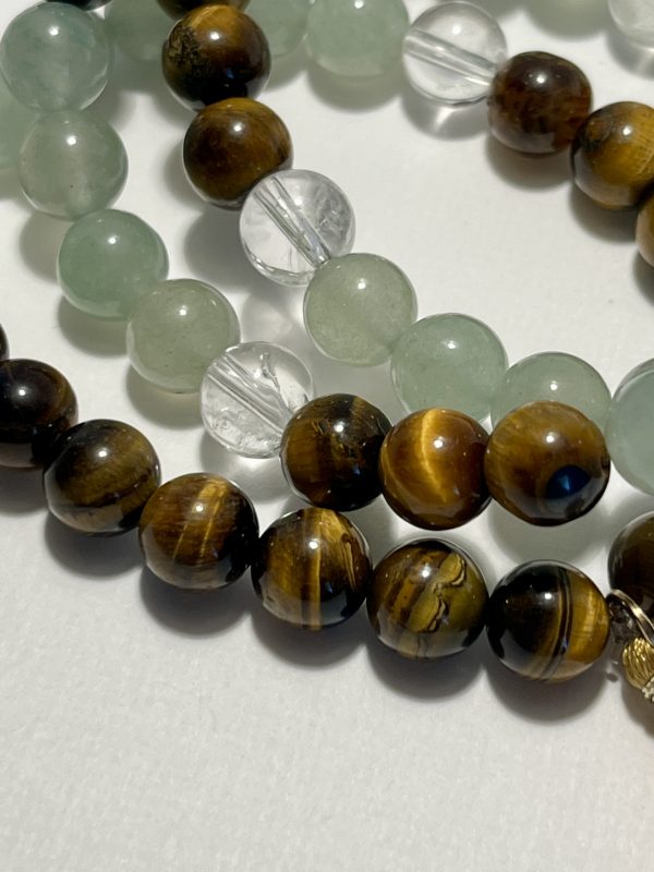 Aventurine and Tiger's Eye Triple Stack Bracelets with charm and tassel. Zoomed In.