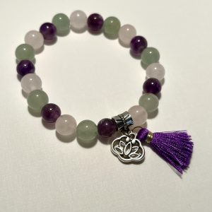 Amethyst, Rose Quartz, and Aventurine Bracelet with tassel and charm.