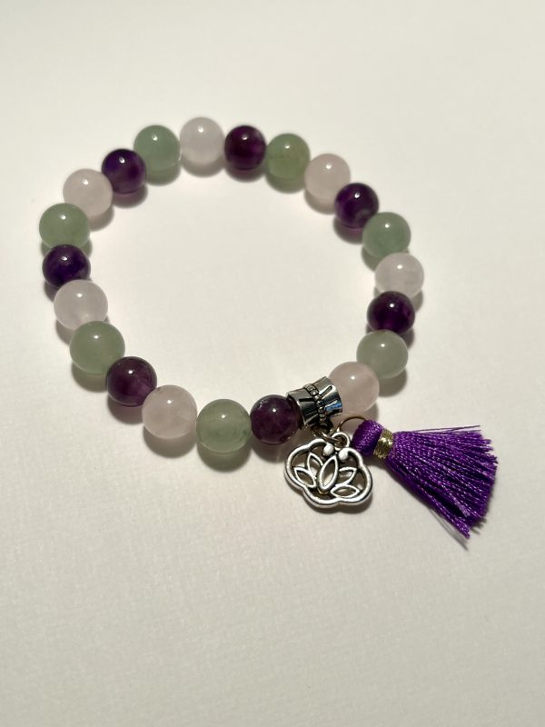 Amethyst, Rose Quartz, and Aventurine Bracelet with tassel and charm.