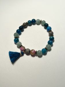 Yooperlite, Blue Apatite, Burmese Jade, and Pink Fire Agate bracelet.