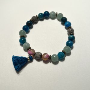 Yooperlite, Blue Apatite, Burmese Jade, and Pink Fire Agate bracelet.