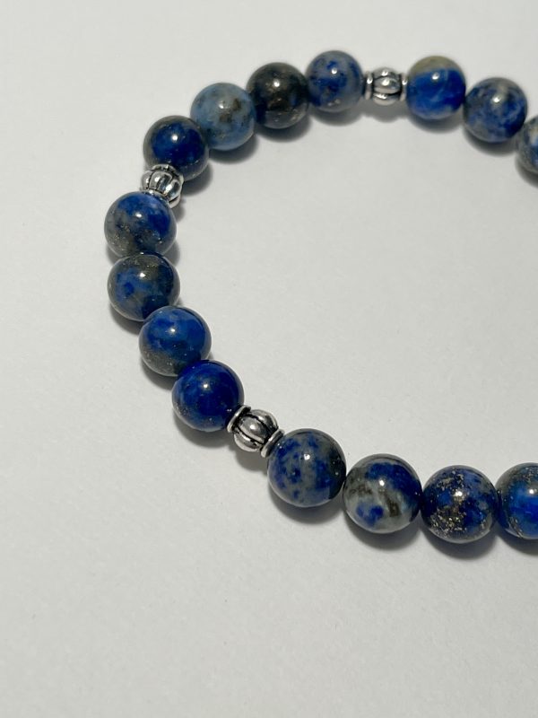 Blue Lapis Lazuli 8 mm bead bracelet. Zoomed In.