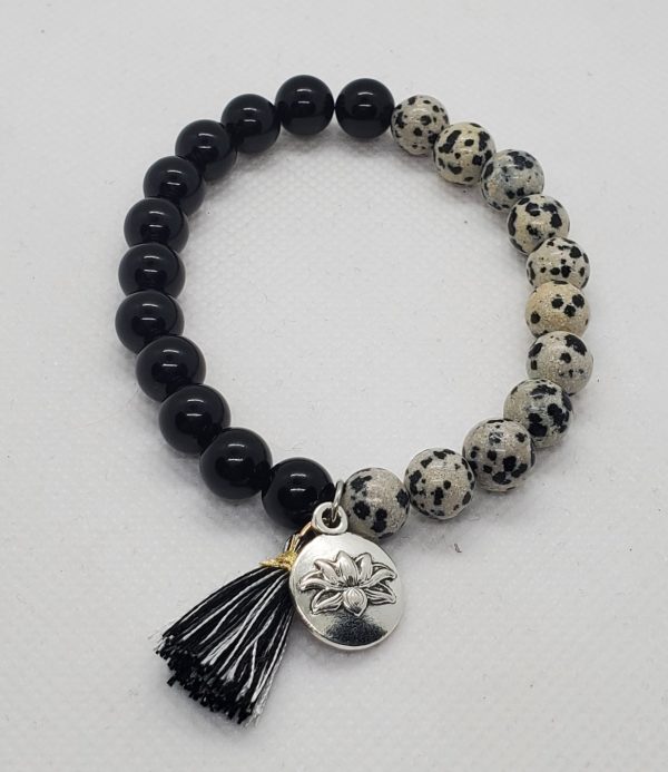 Black Onyx, Dalmatian Jasper, Bracelet with Silver Accents.