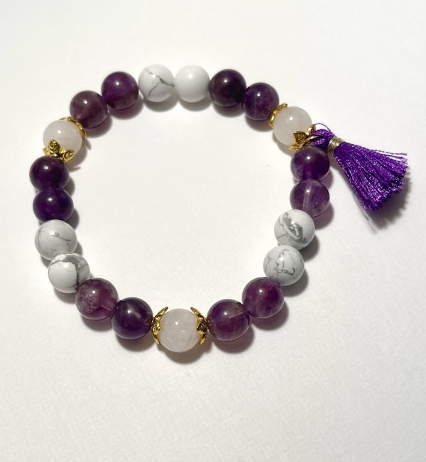 Amethyst, Moonstone, and Howlite: Bracelet to reduce panic and anxiety attacks.