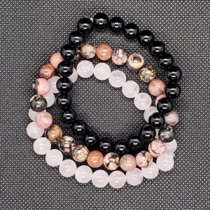 Onyx, Rose Quartz, Rhodonite Bracelets. Triple.