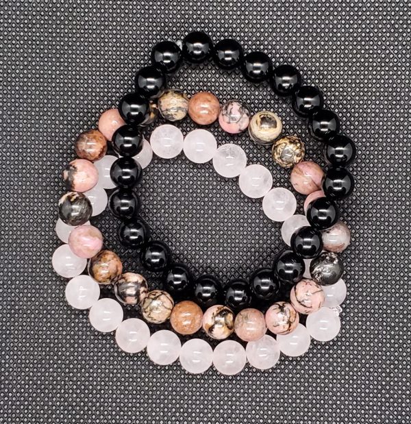 Onyx, Rose Quartz, Rhodonite Bracelets. Triple.