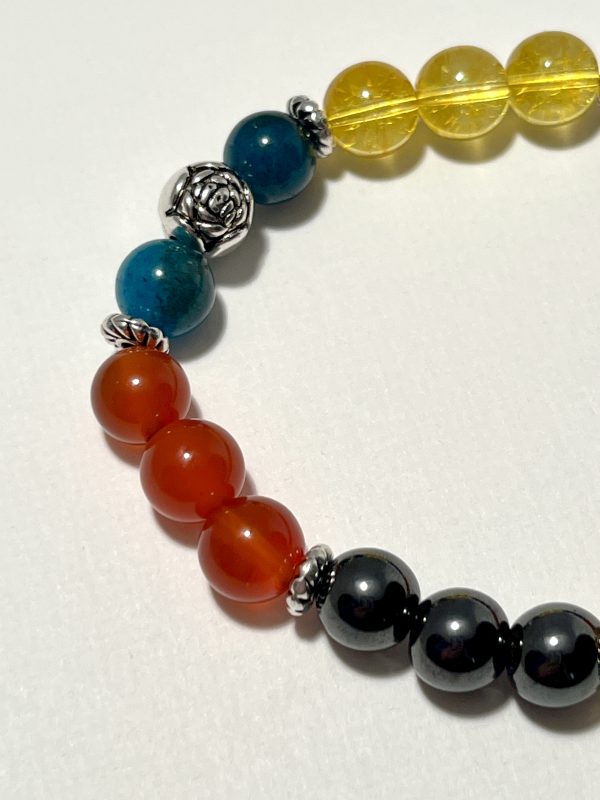 Blue Apatite, Citrine, Carnelian, and Hematite Bracelet. Zoomed In.