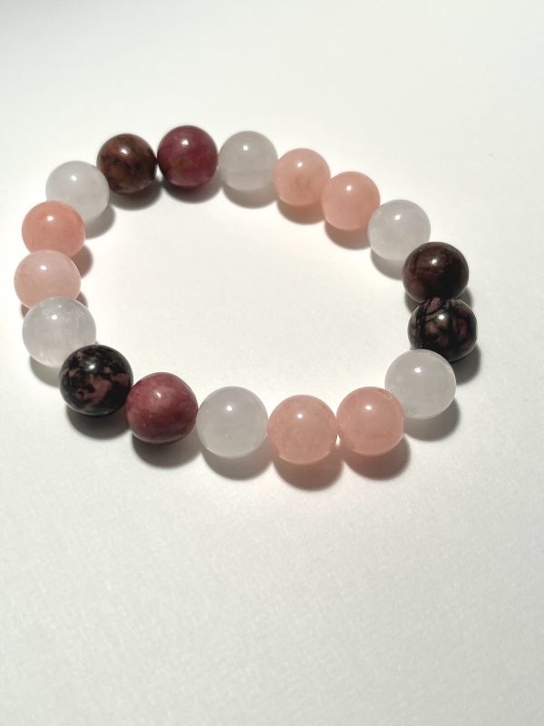 Rose Quartz, White Jade, and Rhodonite Bracelet.