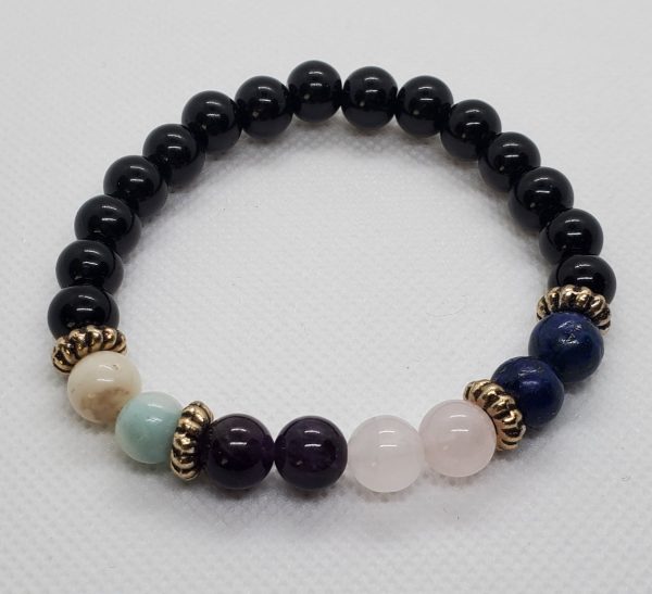 Black Onyx, Amethyst, Lapis, Amazonite, and Rose Quartz Bracelet.