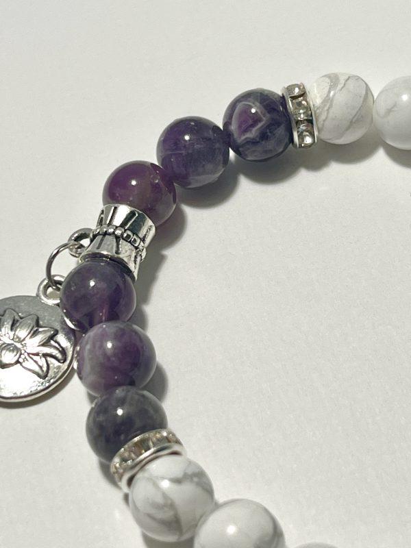 Amethyst and Howlite Bracelet with Charm. Zoomed In.