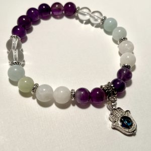 Aquamarine, Quartz, Amethyst, Moonstone, and Evil Eye Charm Bracelet.