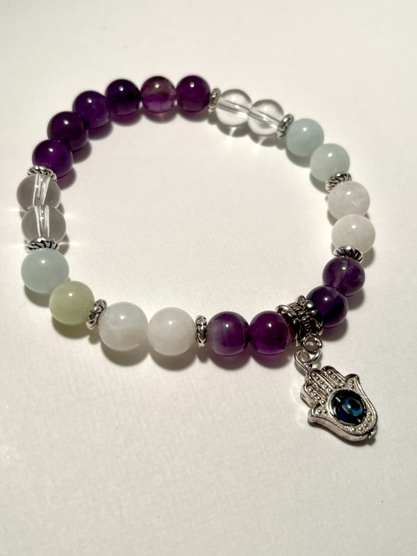 Aquamarine, Quartz, Amethyst, Moonstone, and Evil Eye Charm Bracelet.