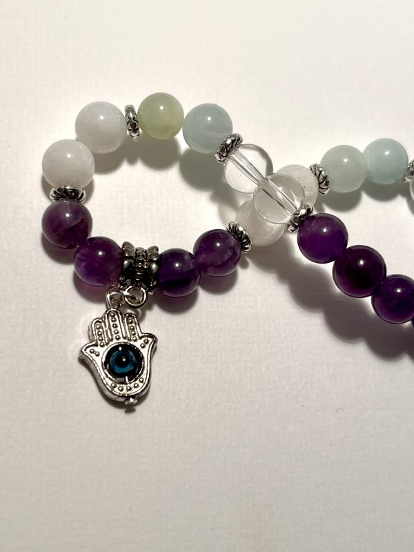 Aquamarine, Quartz, Amethyst, Moonstone, and Evil Eye Charm Bracelet. Zoomed In.