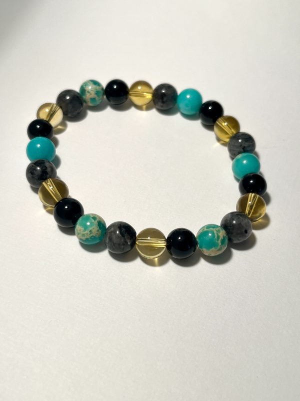 Citrine, Black Onyx, Sea Jasper, and Laborite: Leo Energy Bracelet.