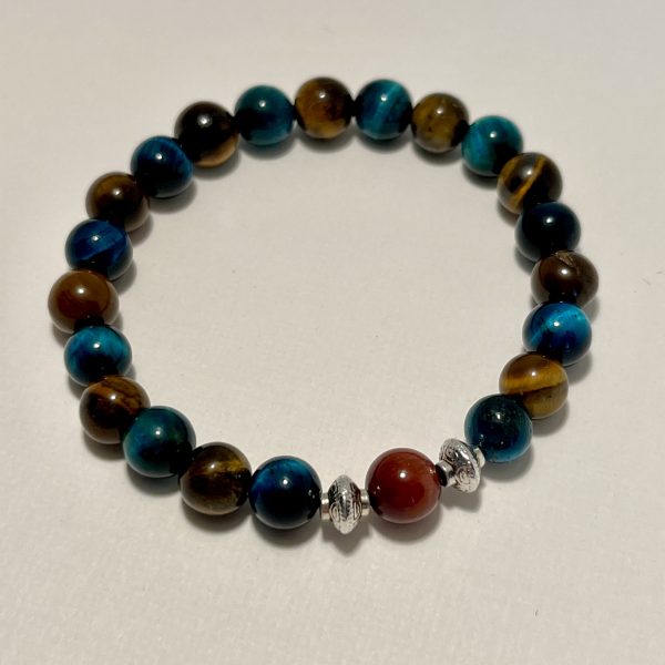 Red, Gold and Blue Tigers Eye Bracelet in various patterns.